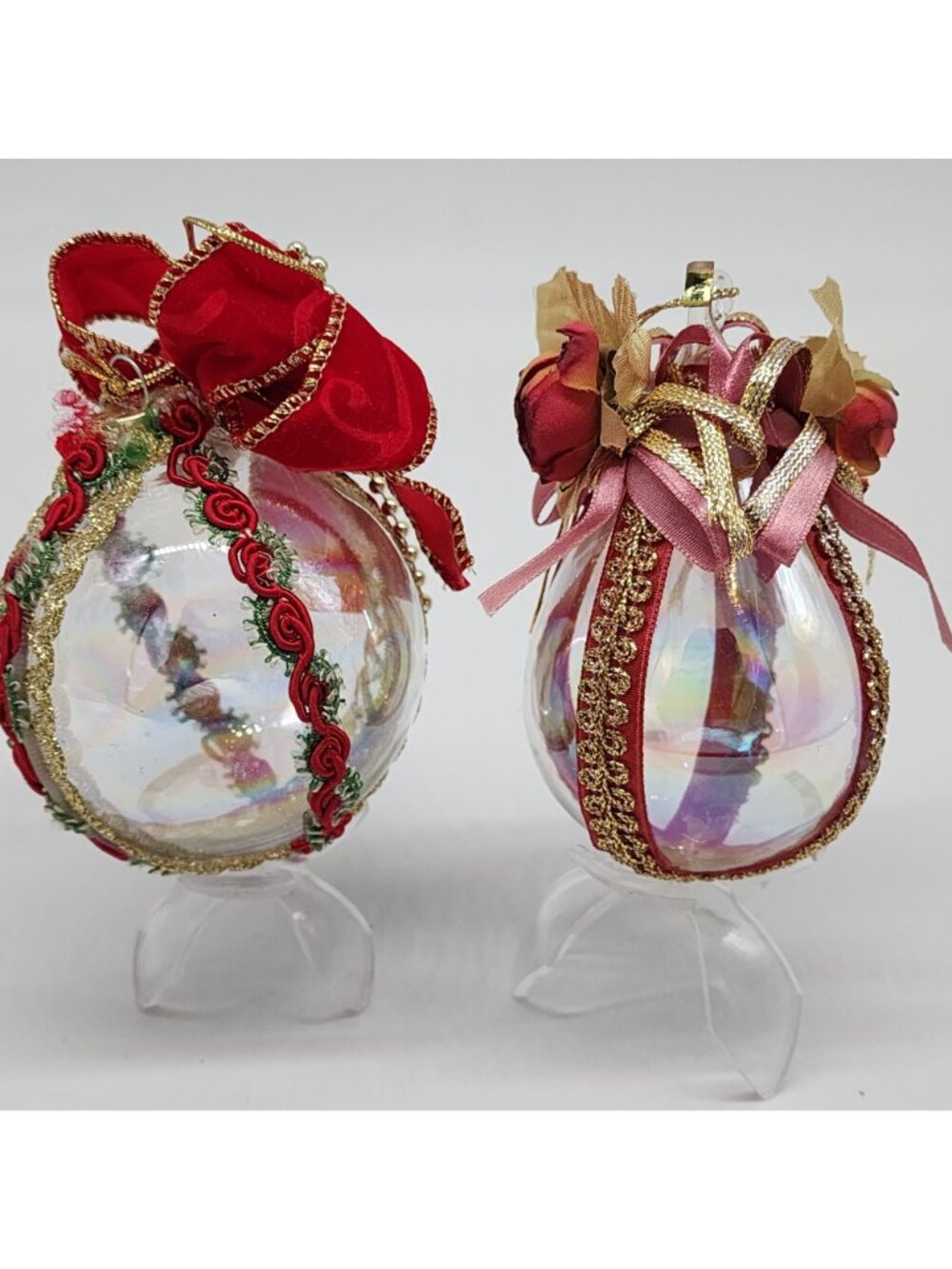 Glass Christmas Ornaments Red & Gold Ribbon Roses Berries Leaves Vintage 3" - Picture 6 of 8